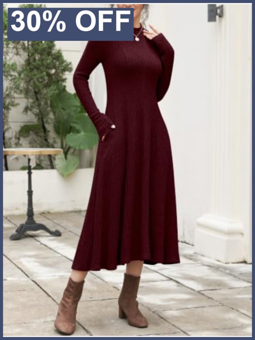 Ribbed Knit Mock Neck Long Sleeve Midi Dress - Picture 2 of 6
